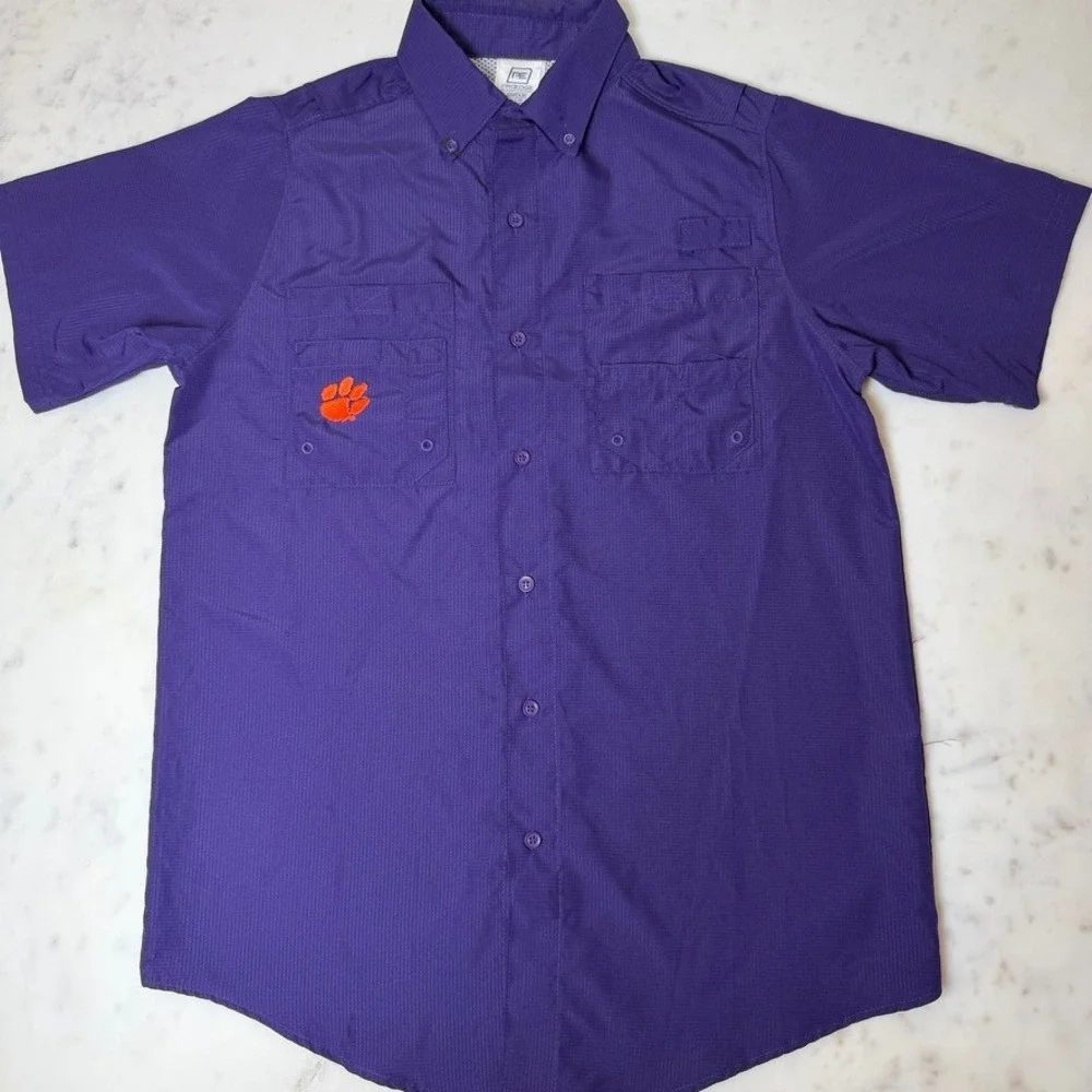 ProEdge Clemson Tigers Mens‎ Small Purple Fishing Shirt Short Sleeve Button Down
